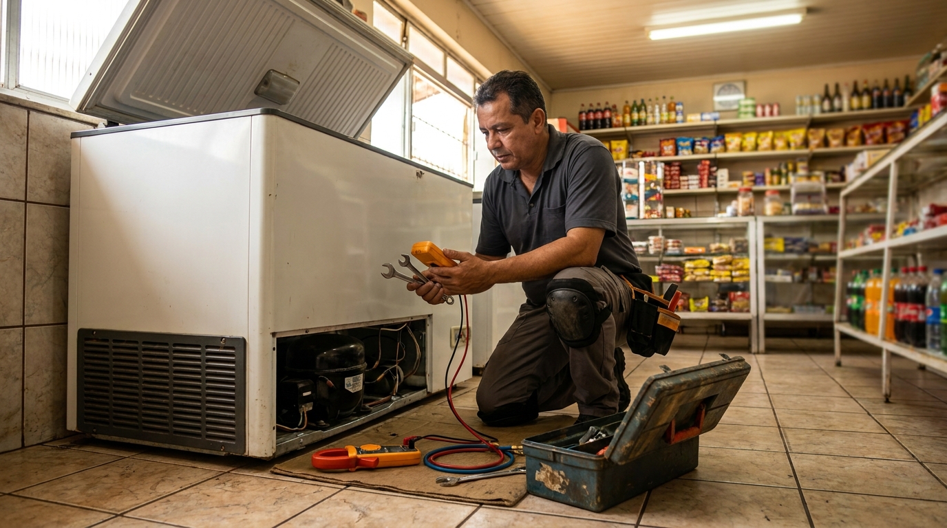 Técnico realizando manutenção de motor de freezer em Uberlândia‑MG