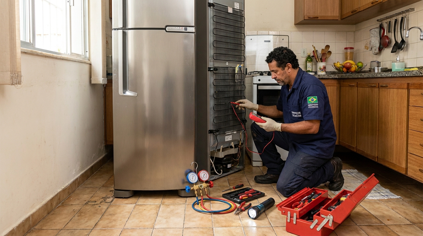 Técnico realizando manutenção de motor de geladeira em Uberlândia‑MG