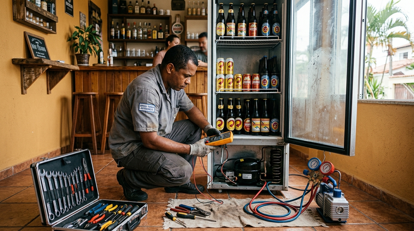 Troca de termostato de cervejeira em atendimento técnico em Uberlândia‑MG